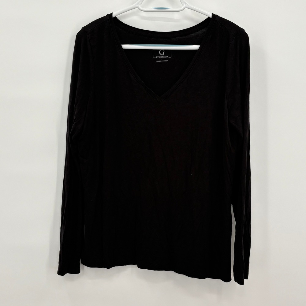 G by Giuliana Womens Black V-Neck Long Sleeve EcoVero Viscose Top Size L 764252